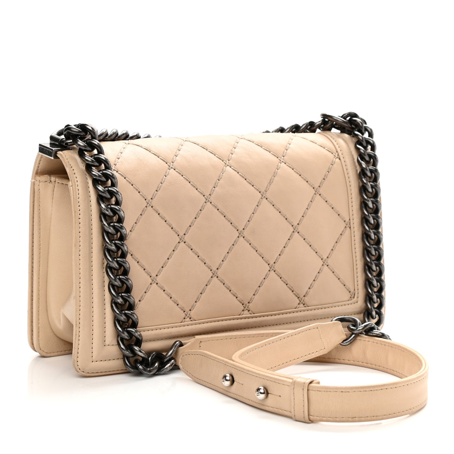 Calfskin Quilted Double Stitch Medium Boy Flap Beige