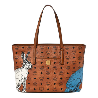 MCM Visetos Anya Hide And Seek Rabbit Medium Shopper Tote Bag Cognac 1 of 10
