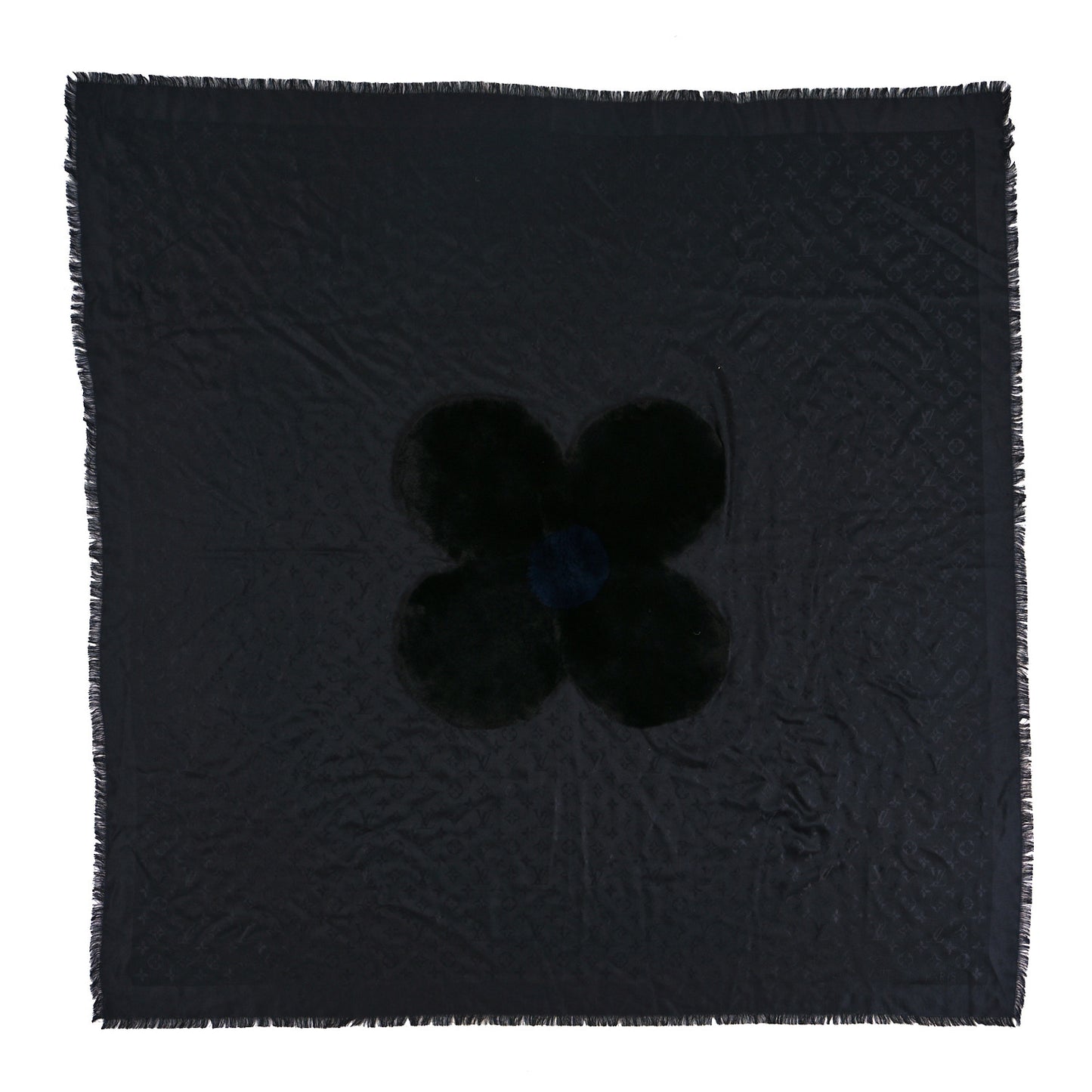 Silk Wool Rabbit Fur Flowergram Shawl Black