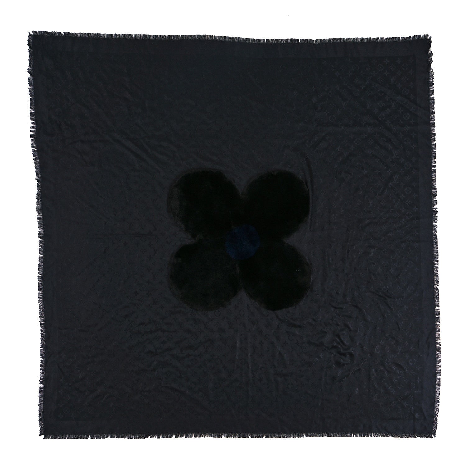 Louis Vuitton Silk Wool Rabbit Fur Flowergram Shawl Black 1 of 4