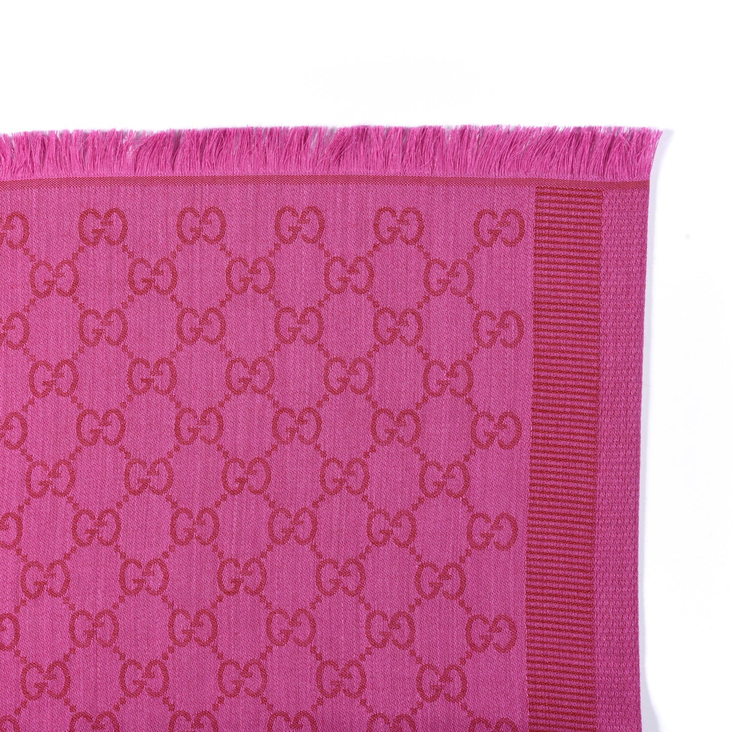 Wool Silk GG Monogram GGWeblong Fringe Scarf Shawl Red Pink