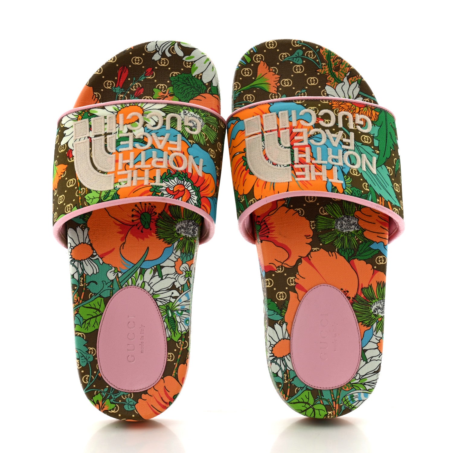 Gucci X THE NORTH FACE Nylon Floral Womens Slide Sandals 37 Military Green Orange Soft Pink 2 of 10