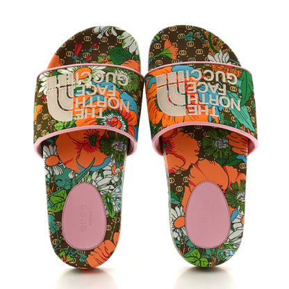 Gucci X THE NORTH FACE Nylon Floral Womens Slide Sandals 37 Military Green Orange Soft Pink 2 of 10