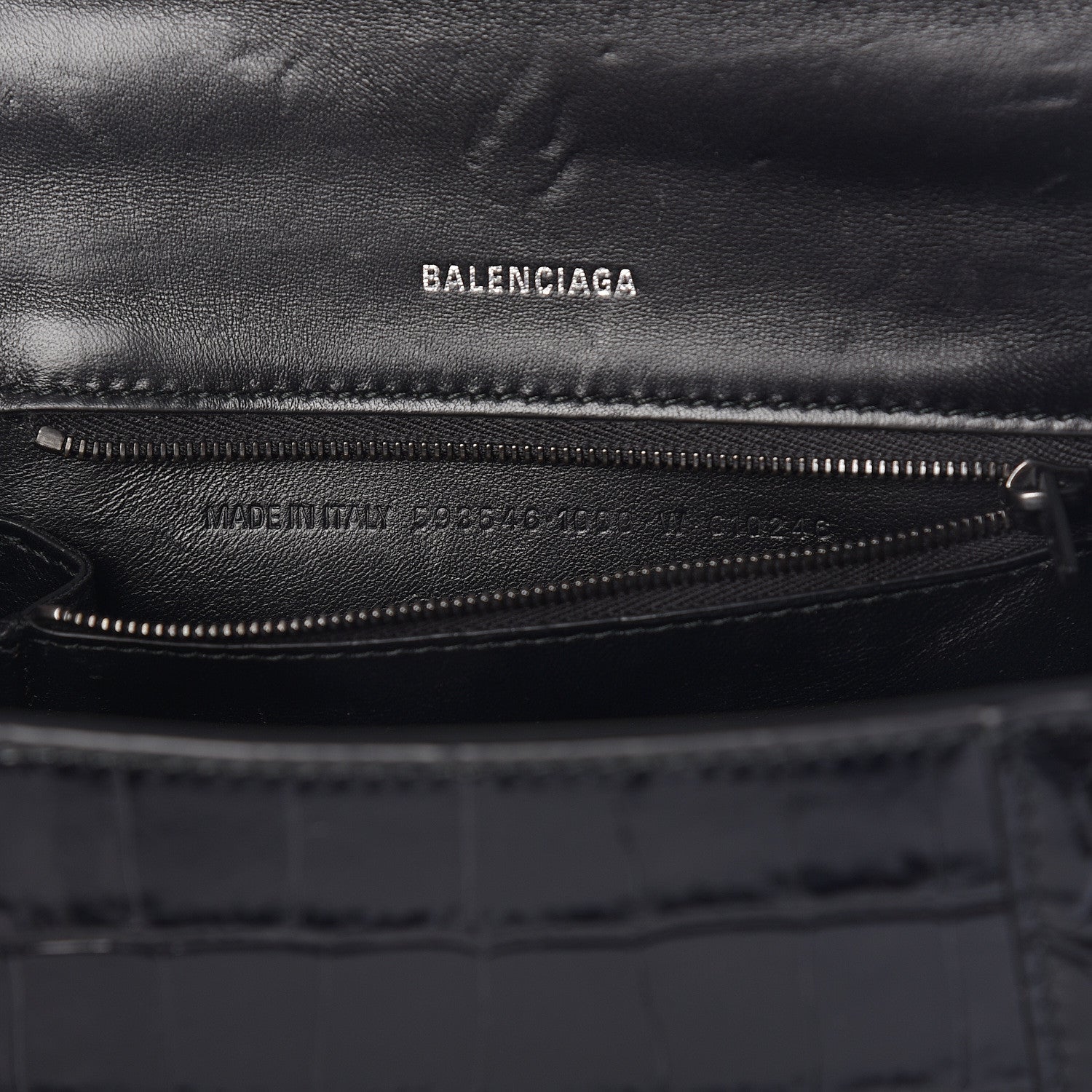 Balenciaga Shiny Calfskin Monochrome Crocodile Embossed Small Hourglass Top Handle Bag Black 7 of 9