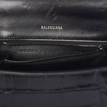 Balenciaga Shiny Calfskin Monochrome Crocodile Embossed Small Hourglass Top Handle Bag Black 7 of 9