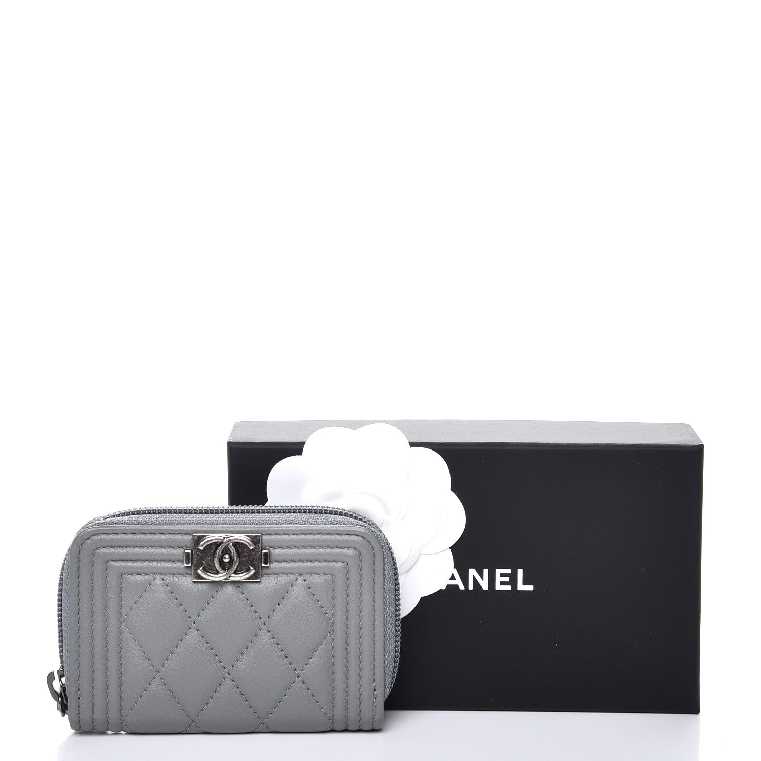 Chanel Calfskin Quilted Boy Zip Around Coin Purse Wallet Grey 8 of 8