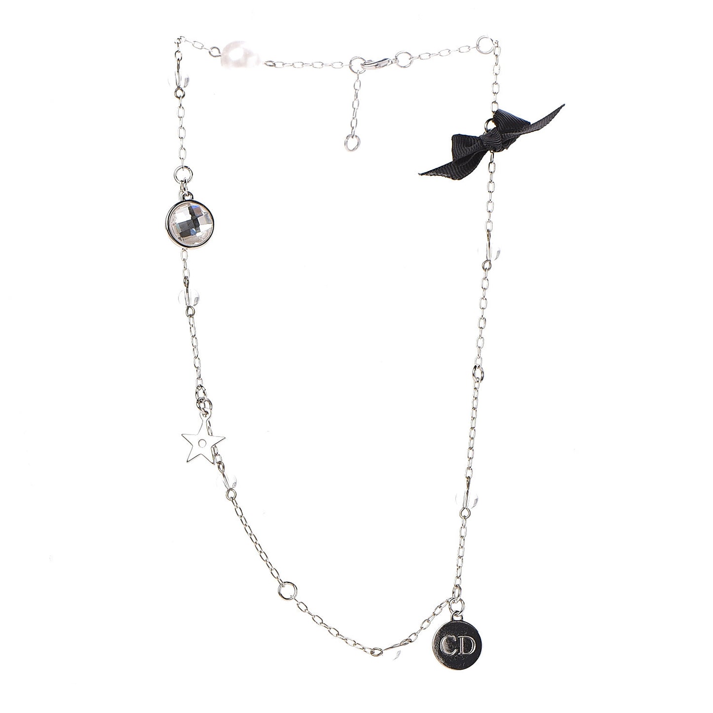 Pearl Crystal Bow Charm Necklace Silver Black