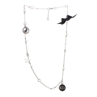 Christian Dior Pearl Crystal Bow Charm Necklace Silver Black 2 of 3