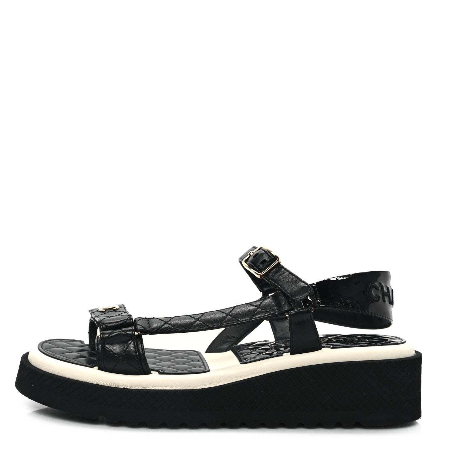 Chanel Lambskin Patent Logo Platform Sandals 41 Black White 1 of 9