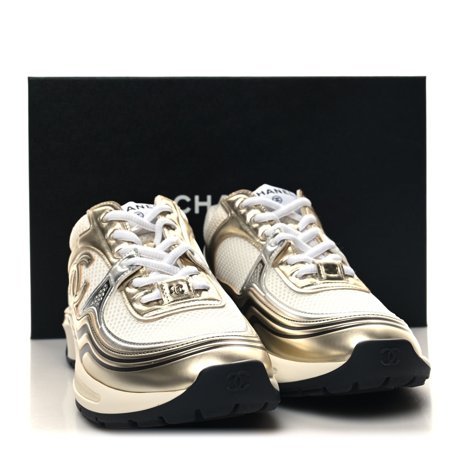 Chanel Fabric Laminated Calfskin Stretch CC Sneakers 39 White Gold Silver 2 of 8