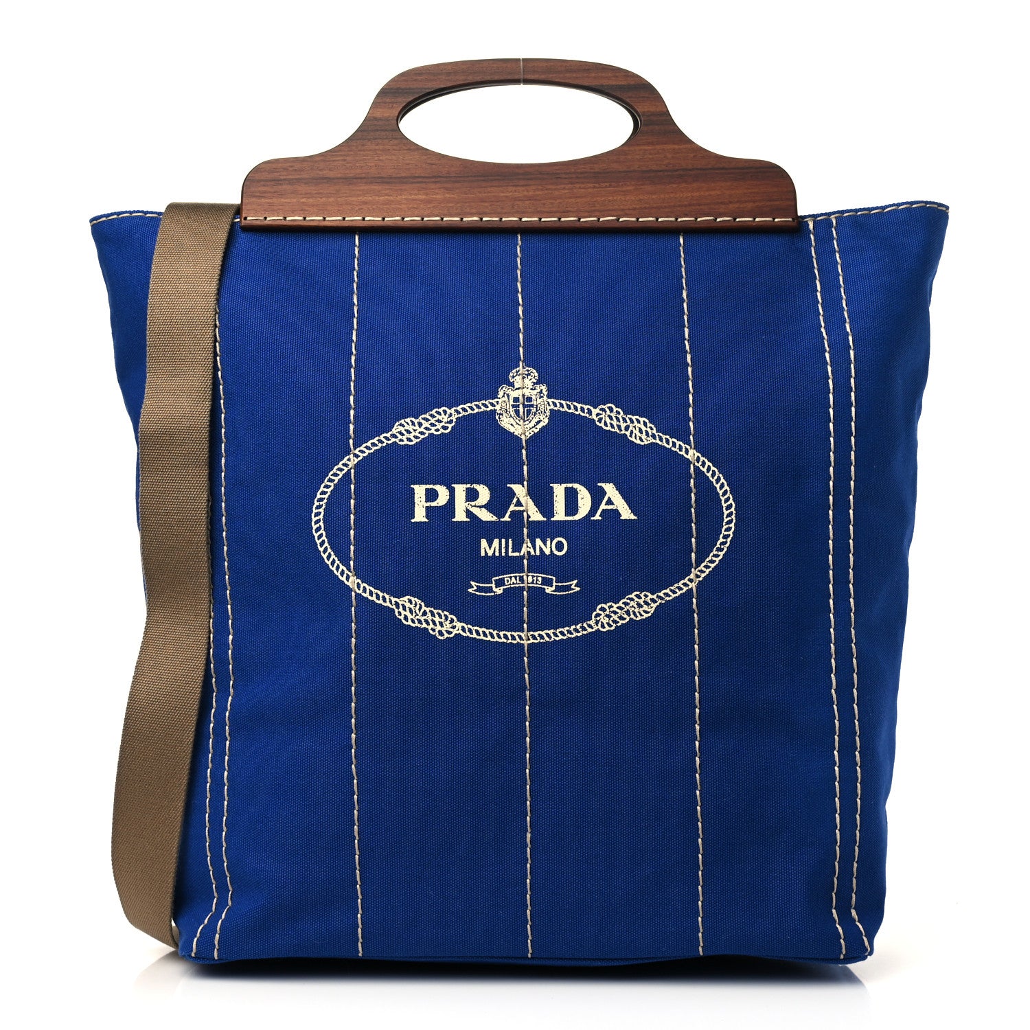 Prada Canvas Wood Logo Tote Blue 1 of 7