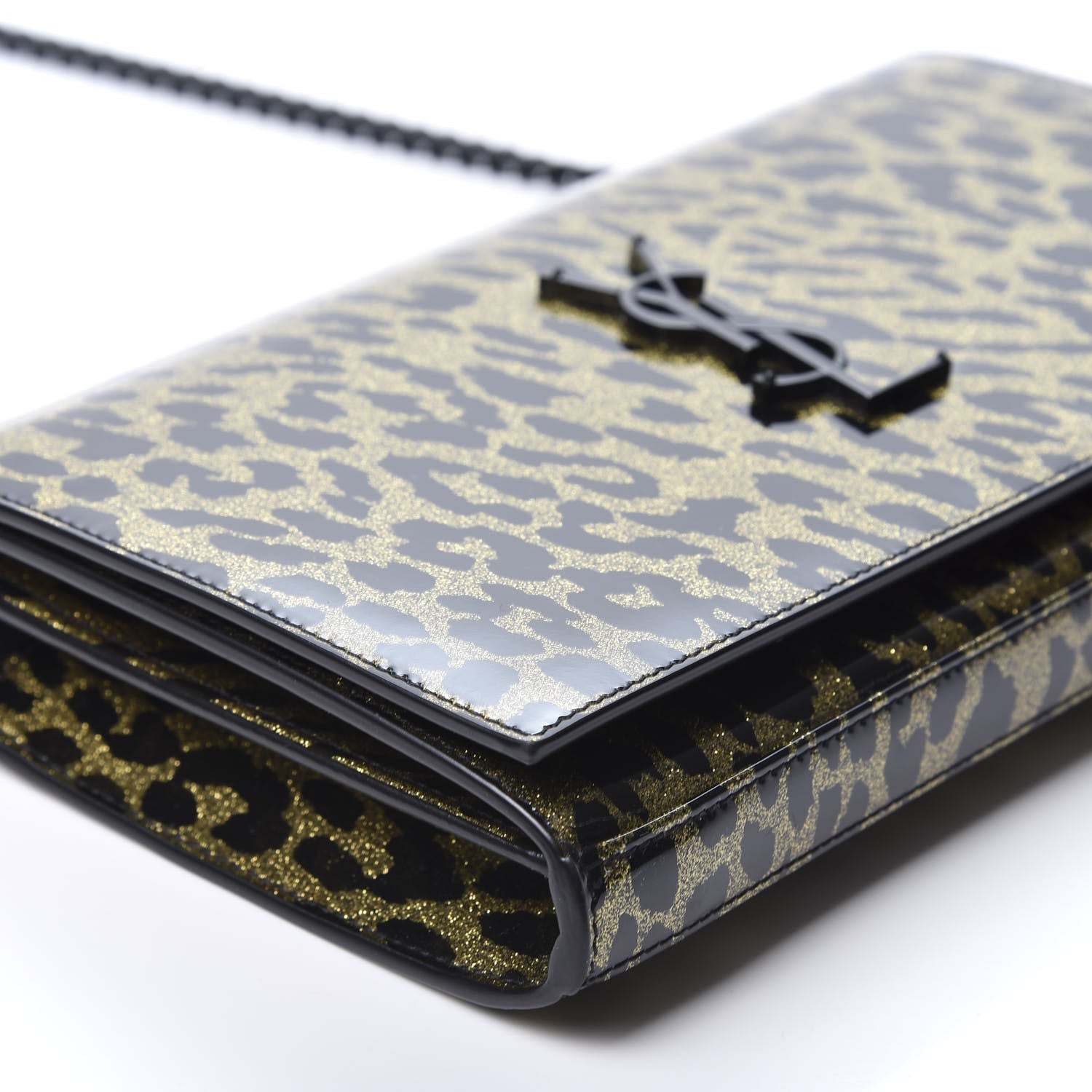 Saint Laurent Patent Leopard Print Monogram Chain Wallet Black Gold 5 of 8