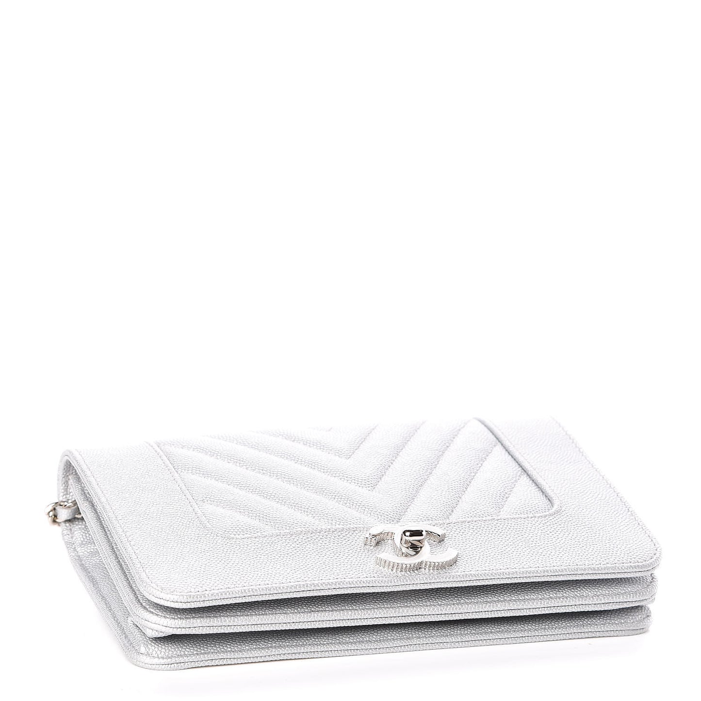 Metallic Caviar Chevron Quilted Vintage Mademoiselle Wallet On Chain WOC Silver