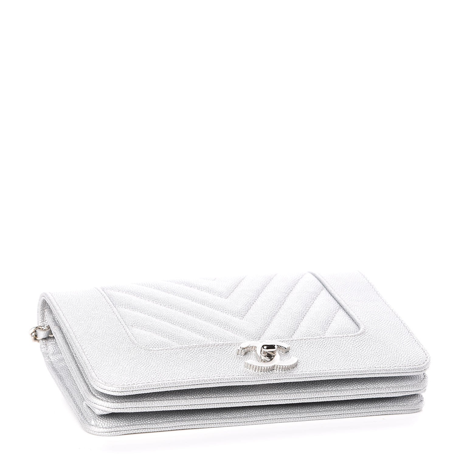 Chanel Metallic Caviar Chevron Quilted Vintage Mademoiselle Wallet On Chain WOC Silver 4 of 12