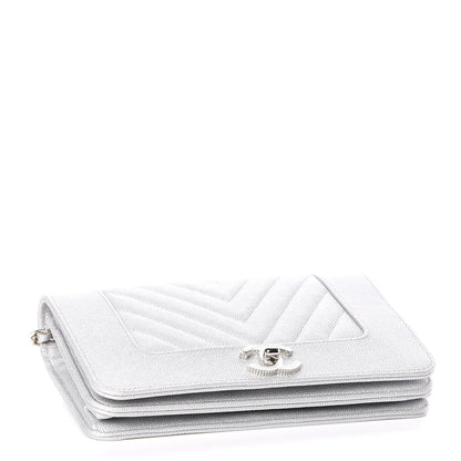 Chanel Metallic Caviar Chevron Quilted Vintage Mademoiselle Wallet On Chain WOC Silver 4 of 12