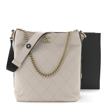 Chanel Calfskin Stitched Large Button Up Hobo Ivory Black 14 of 14