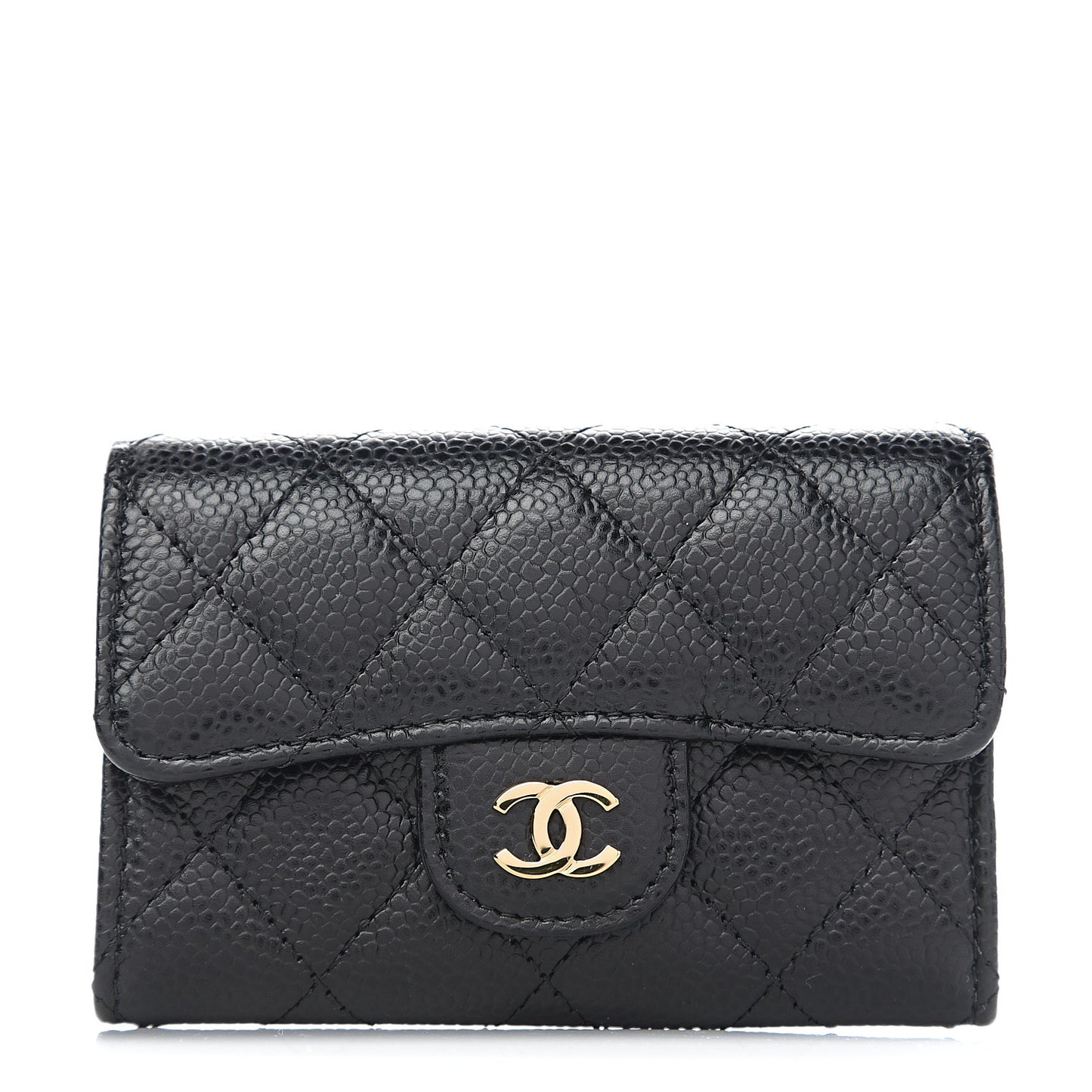 Caviar Quilted Flap Card Holder Wallet Black