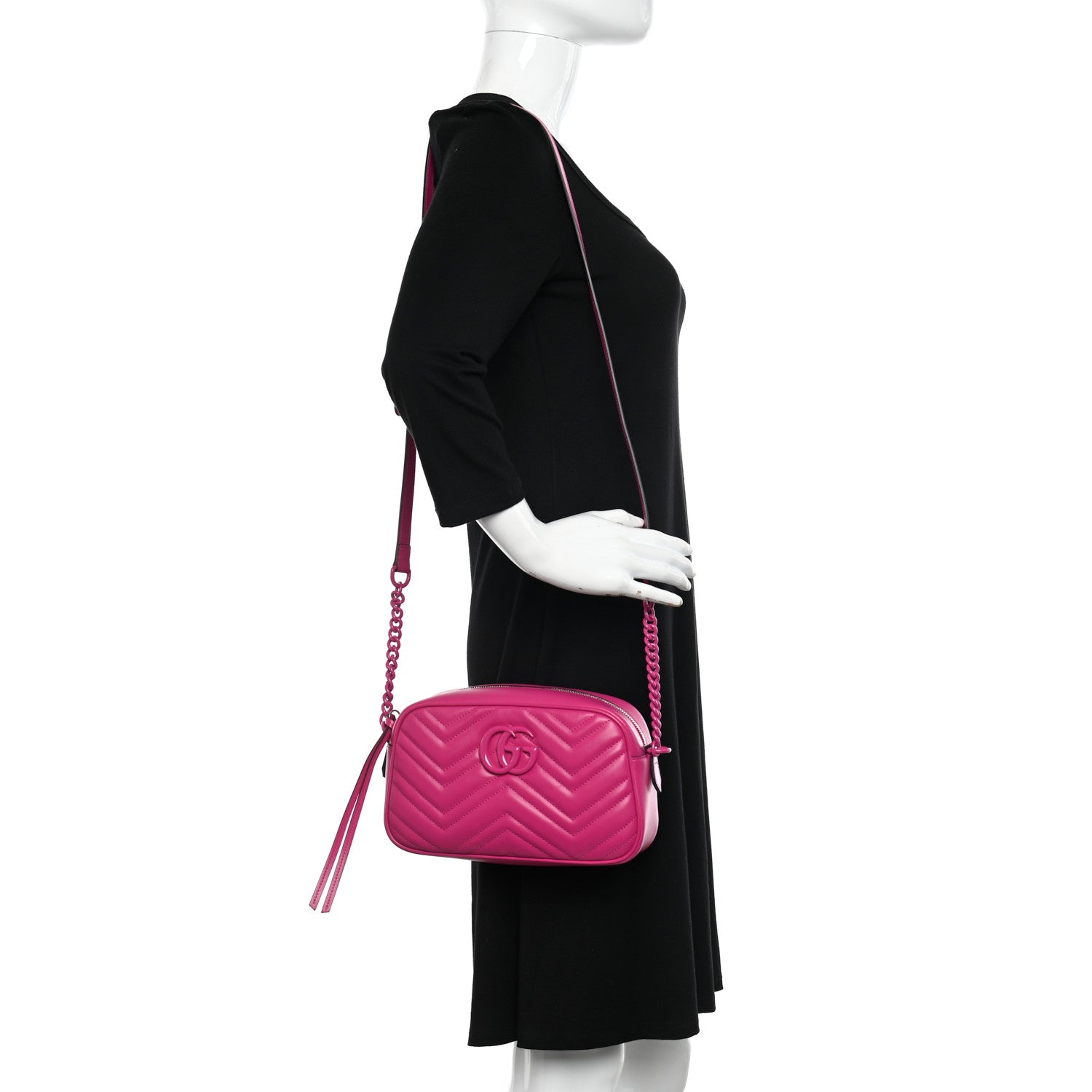 Gucci Calfskin Matelasse Monochrome Small GG Marmont Chain Shoulder Bag Classic Fuxia 2 of 11