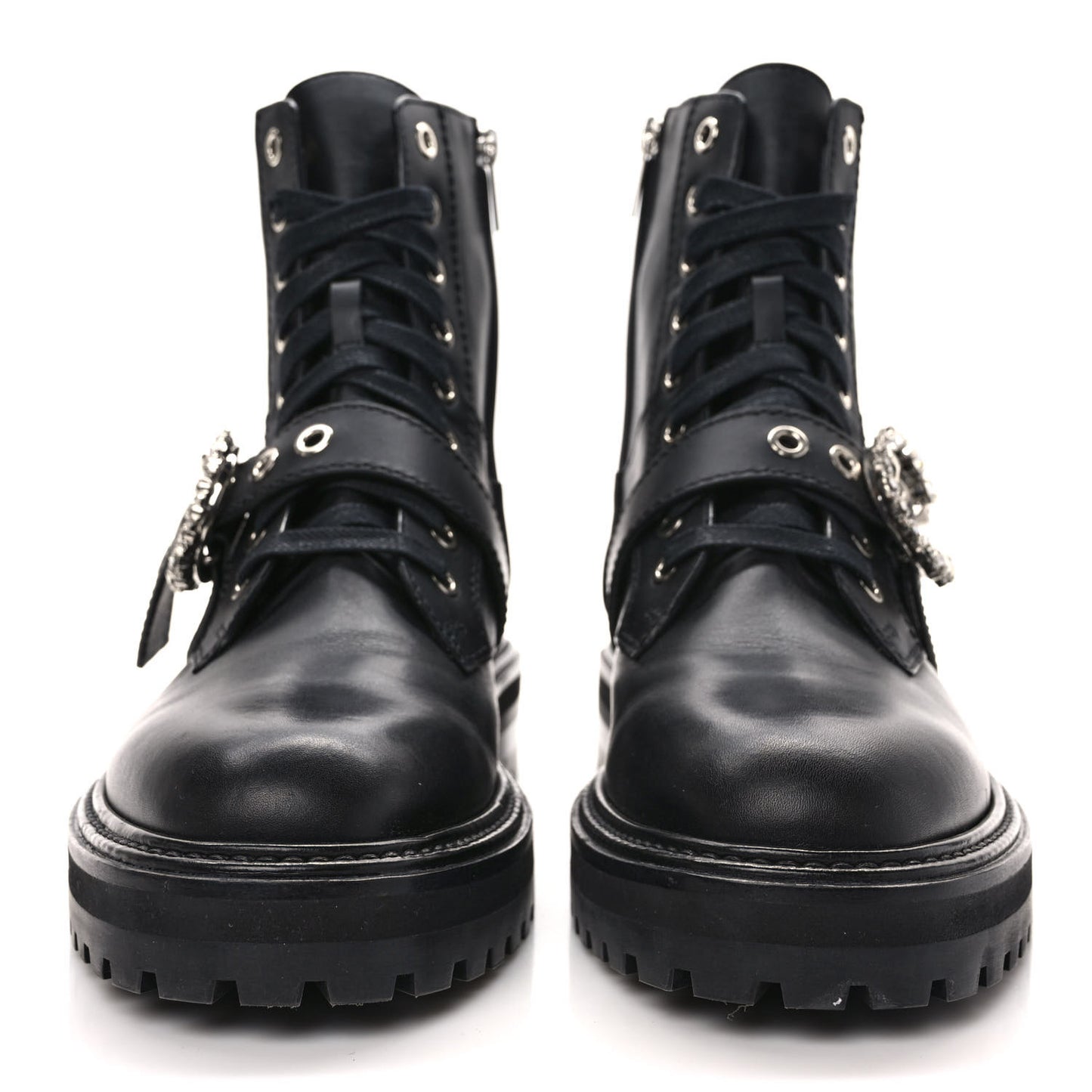 Calfskin Crystal Embellished Cora Flat Combat Boots 40 Black