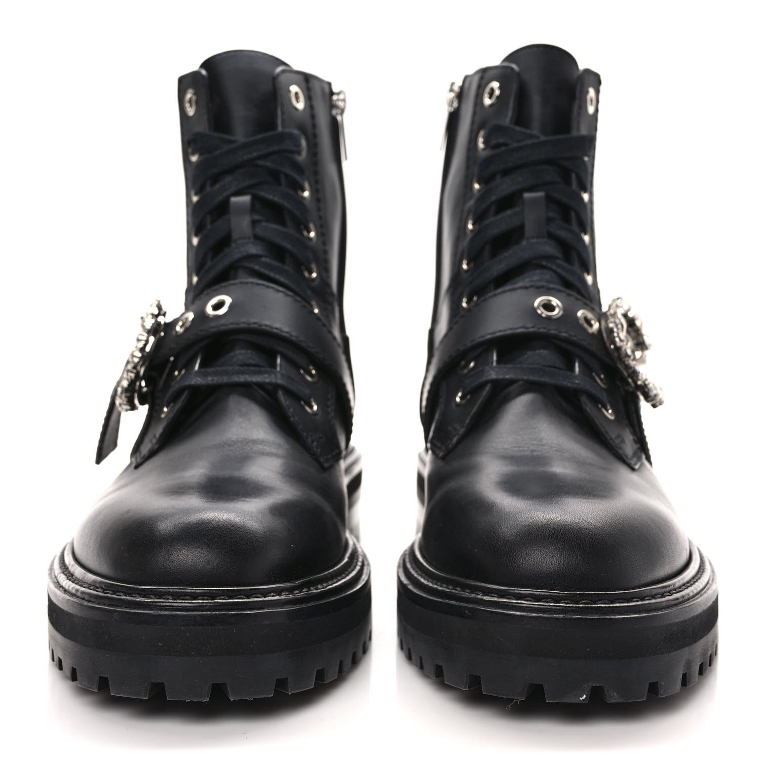 Jimmy Choo Calfskin Crystal Embellished Cora Flat Combat Boots 40 Black 2 of 7