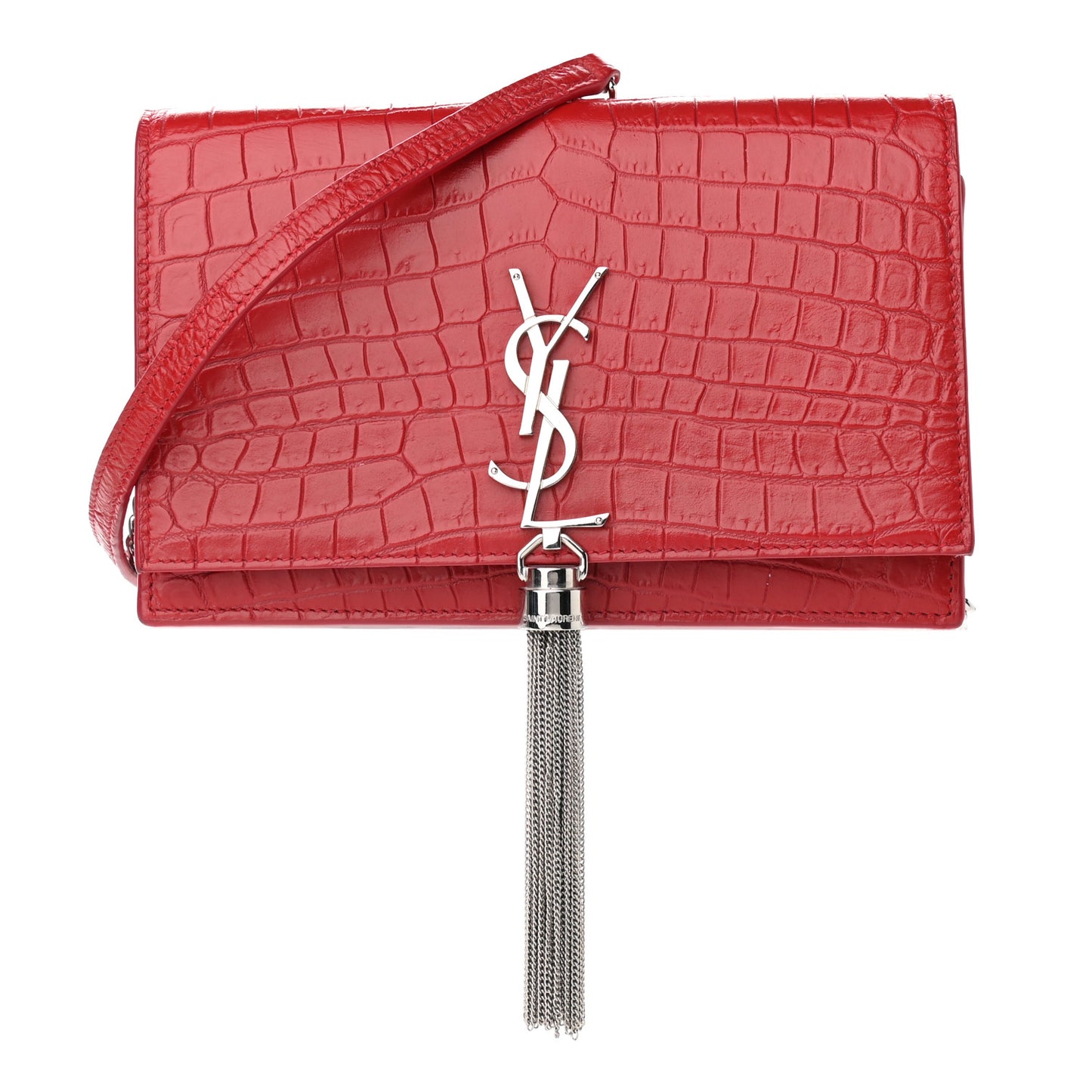 Calfskin Crocodile Embossed Kate Monogram Tassel Chain Wallet Red