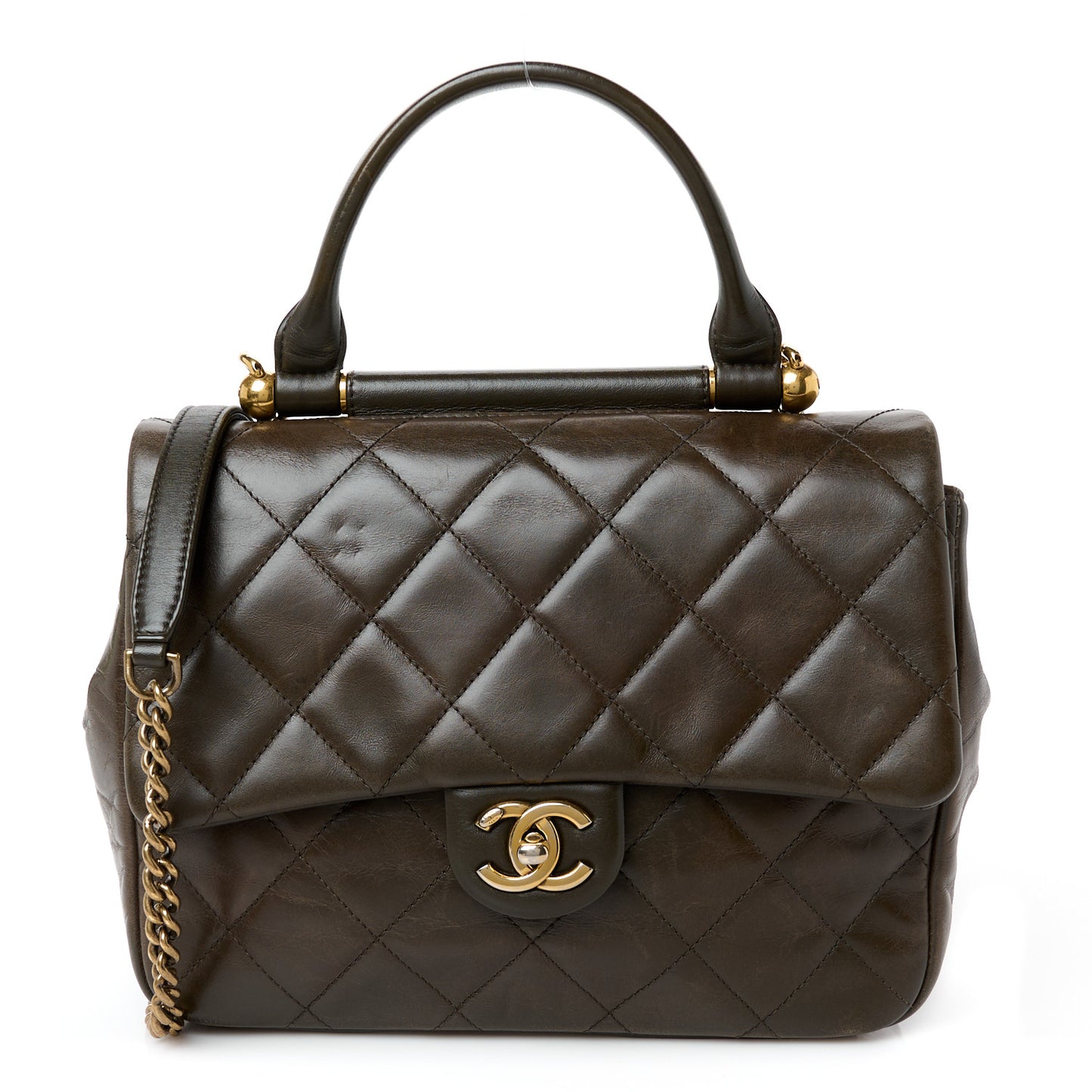Calfskin Quilted Medium Gold Bar Top Handle Flap Dark Khaki