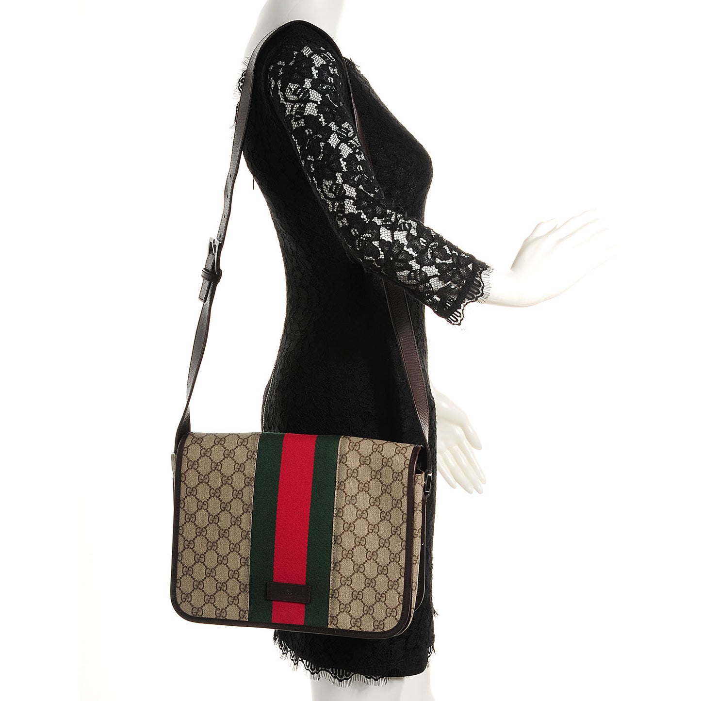 GG Plus Monogram Web Large Flap Messenger Beige Dark Brown