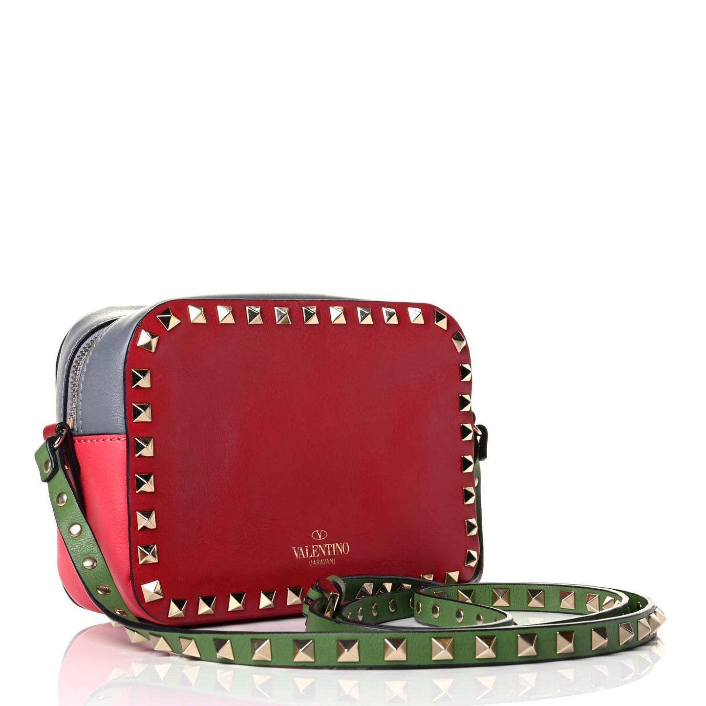 Vitello Colorblock Rockstud Camera Crossbody Bag Deep Rose Clover Grey Scarlet