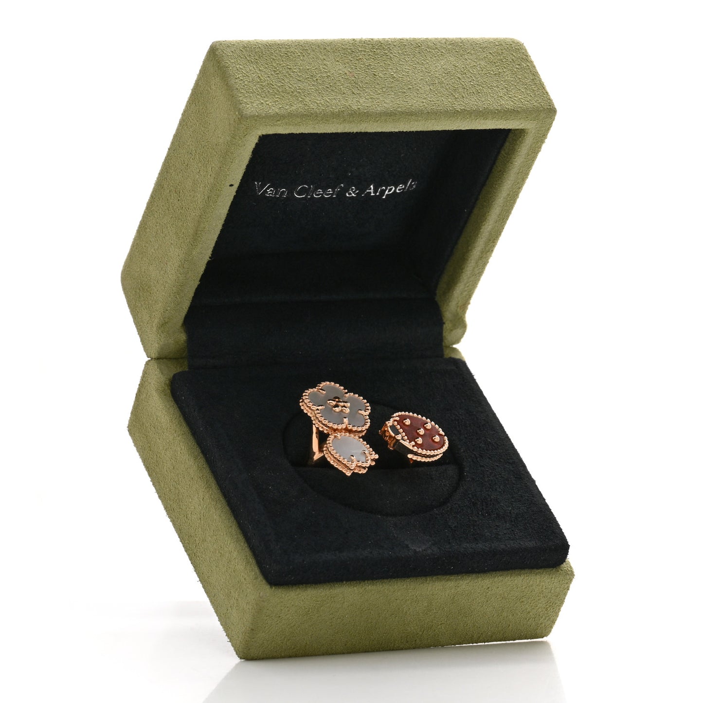 18K Rose Gold Mother of Pearl Carnelian Black Onyx Lucky Spring Between the Finger Ring 57 8