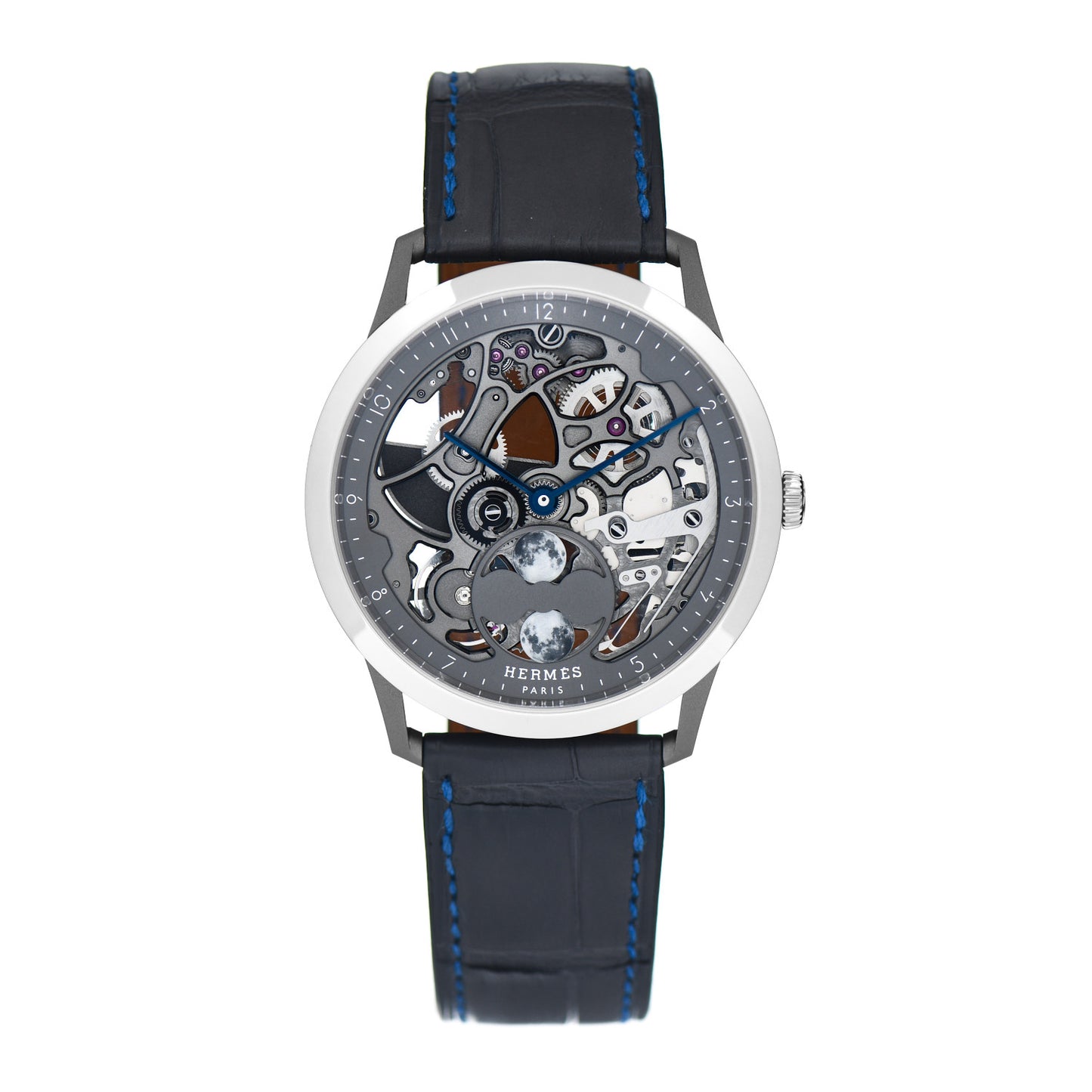 Platinum Titanium Alligator 39.5mm Slim d'Hermes Squelette Lune Automatic Watch Graphite