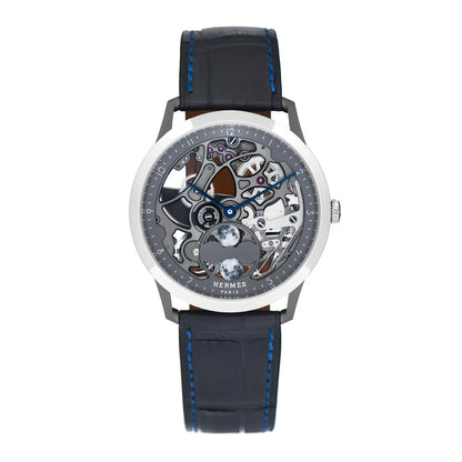 Hermes Platinum Titanium Alligator 39.5mm Slim d'Hermes Squelette Lune Automatic Watch Graphite 1 of 5