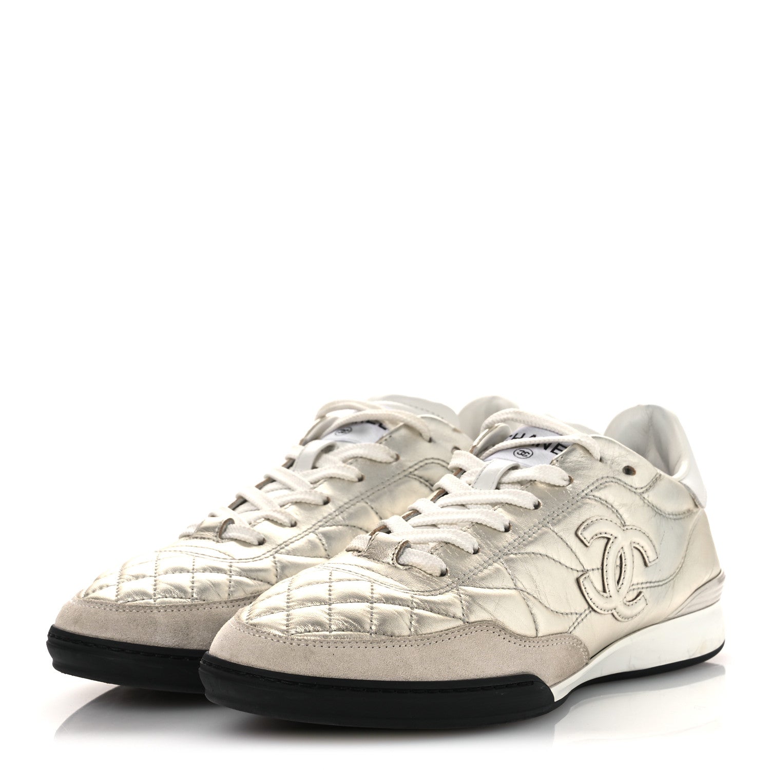 Chanel Laminated Calfskin Suede Quilted Womens CC Sneakers 39 Silver White 4 of 14
