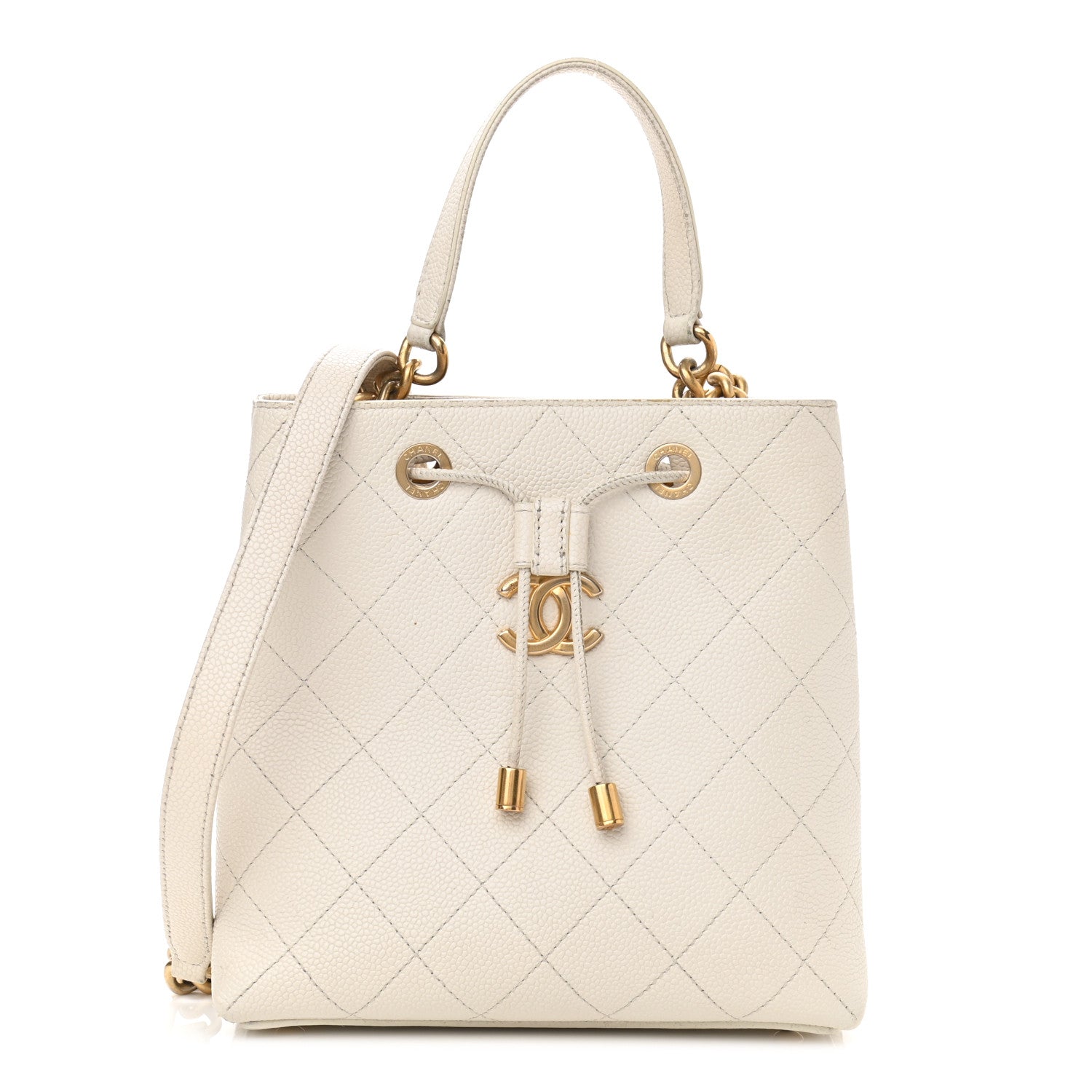 Chanel Caviar Diamond Stitched CC Bucket Drawstring Bag White 1 of 14