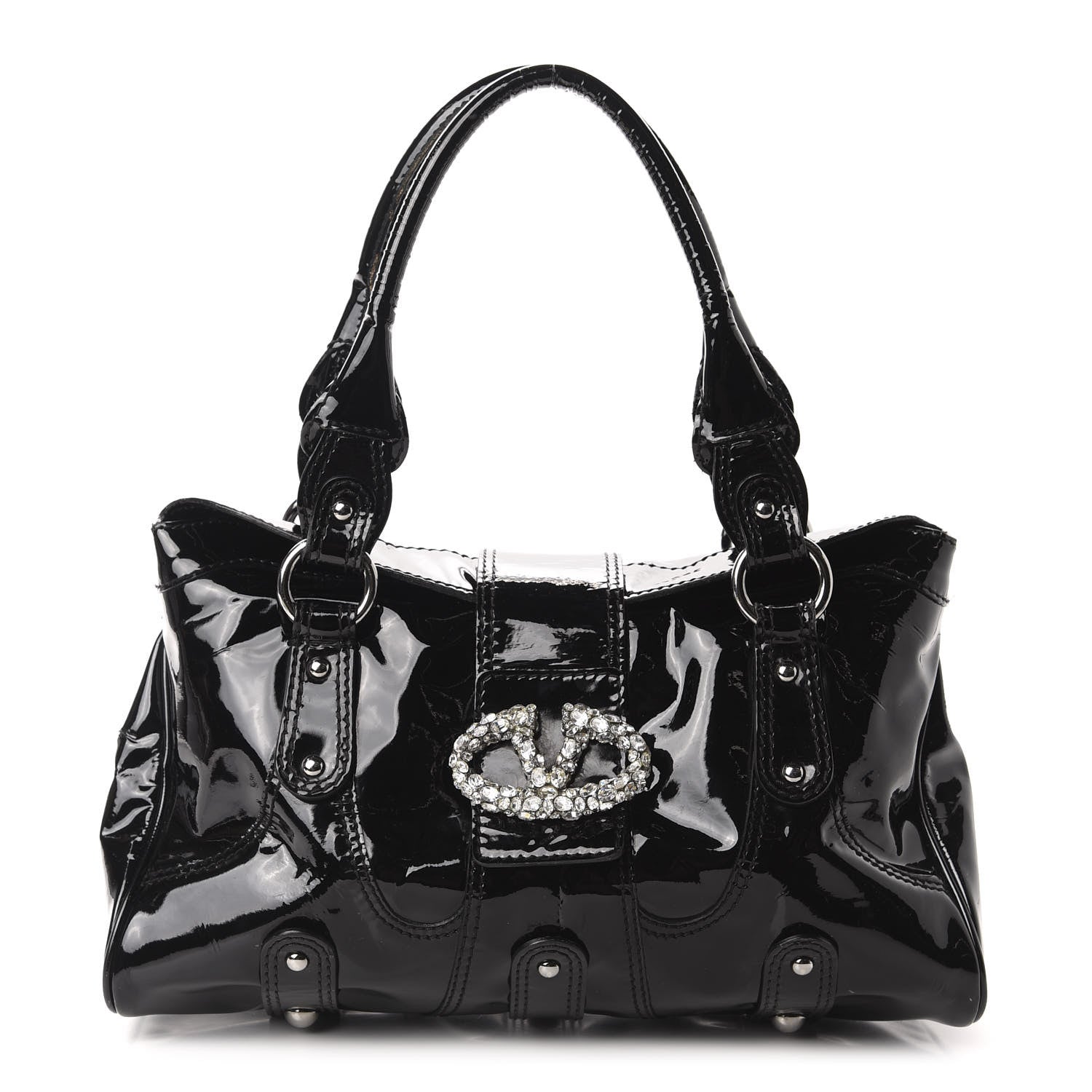 Valentino Garavani Patent Crystal Catch Satchel Black 1 of 10