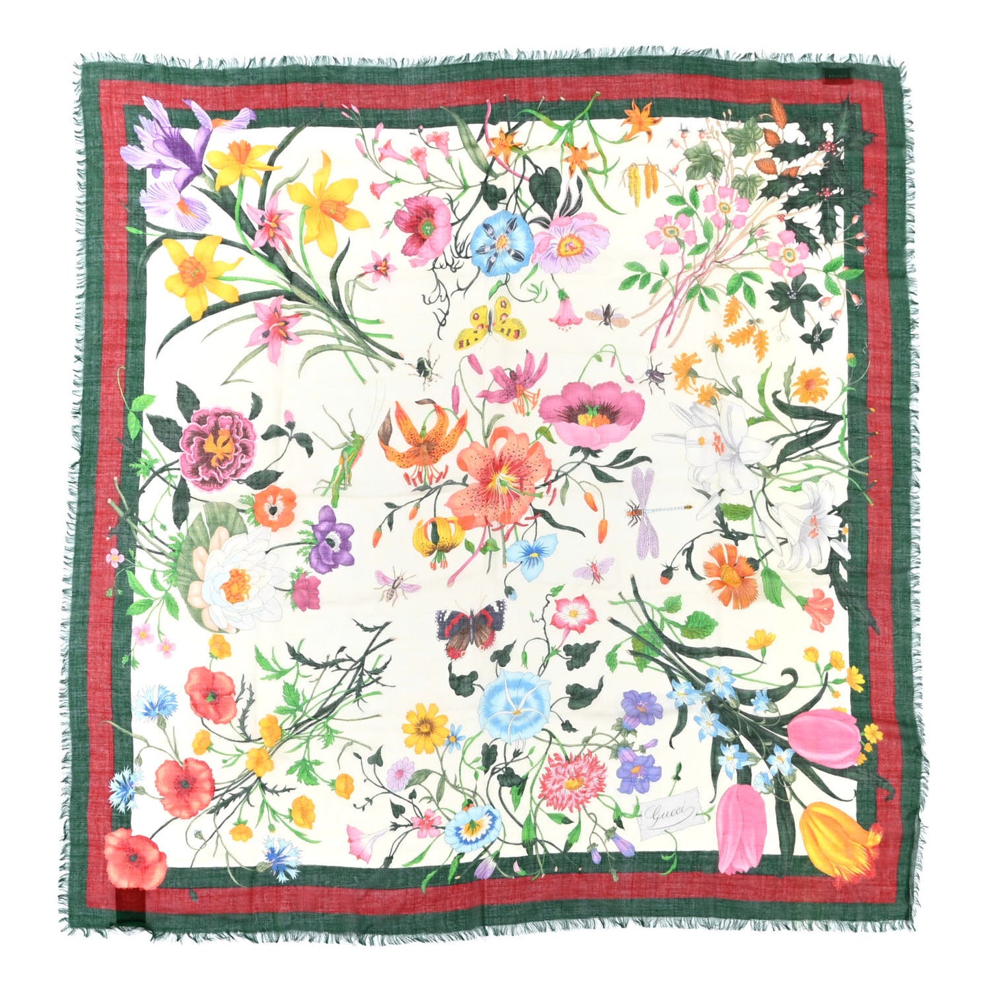 Wool Silk Floral Web Square Scarf Ivory Dark Green
