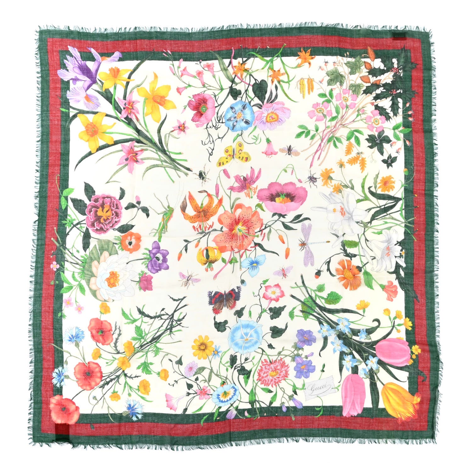 Gucci Wool Silk Floral Web Square Scarf Ivory Dark Green 1 of 5