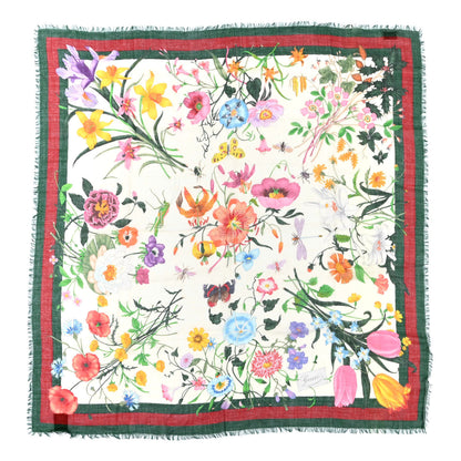 Gucci Wool Silk Floral Web Square Scarf Ivory Dark Green 1 of 5