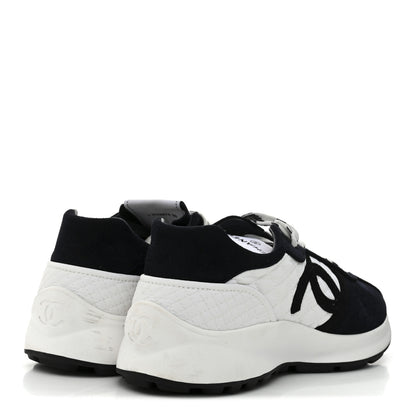 Chanel Fabric Suede Kidskin CC Sneakers 38 Dark Navy White 5 of 10