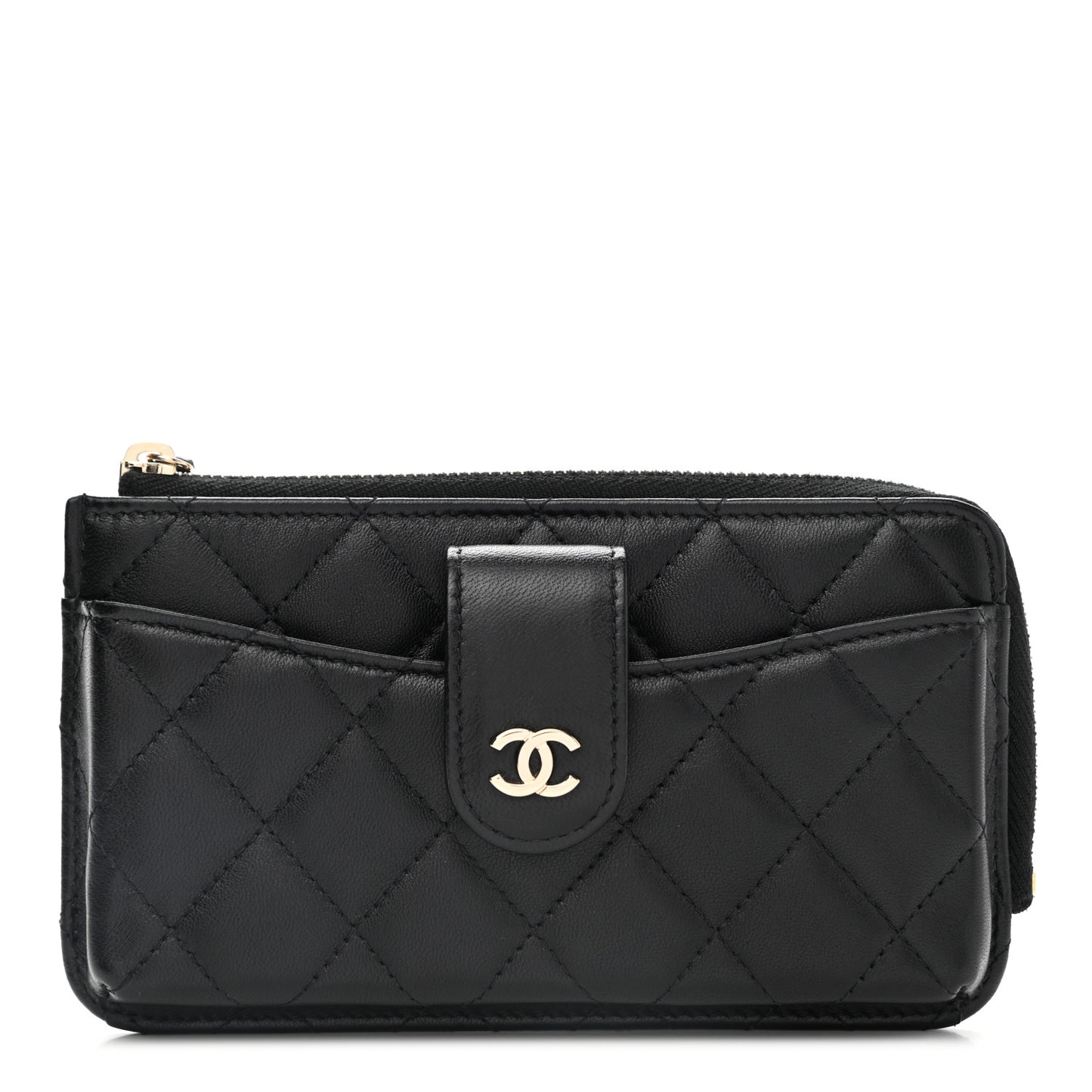 Lambskin Quilted Phone Holder Zip Clutch Black