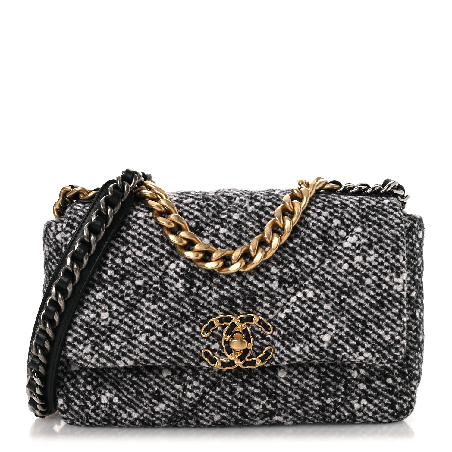 Chanel Tweed Quilted Medium Chanel 19 Flap Black White 1 of 12