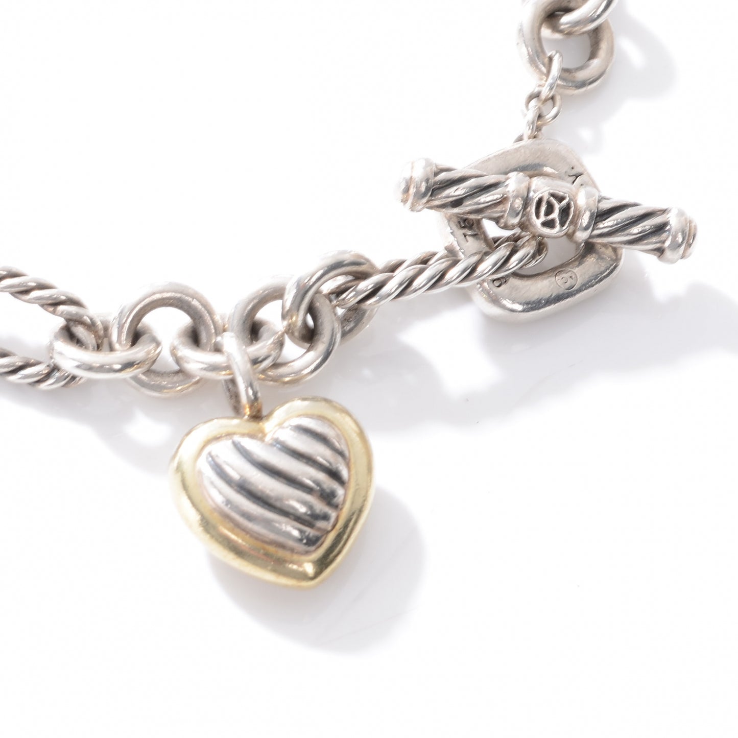 Sterling Silver 18K Yellow Gold Cable Heart Charm Bracelet