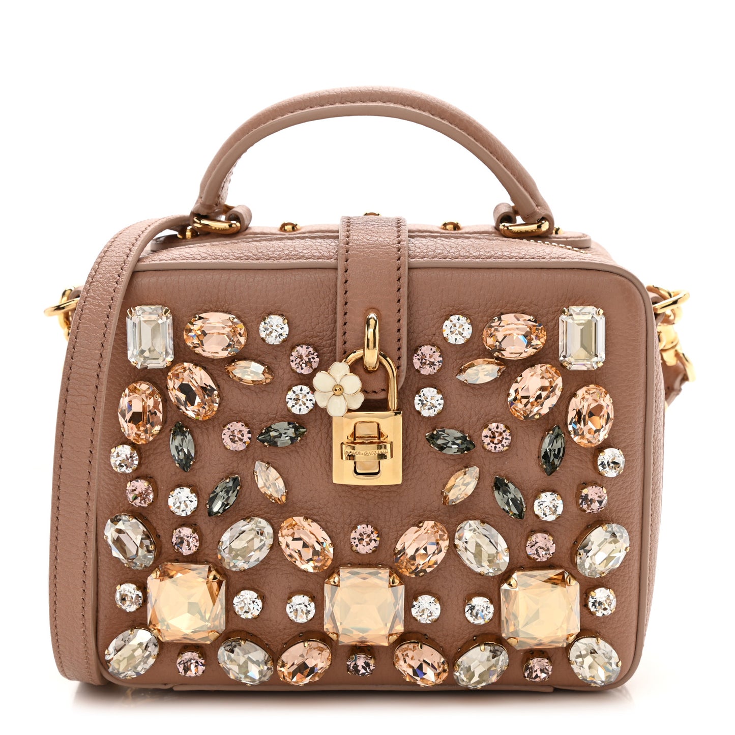 Grained Calfskin Dauphine Crystal Embellished Box Bag Beige