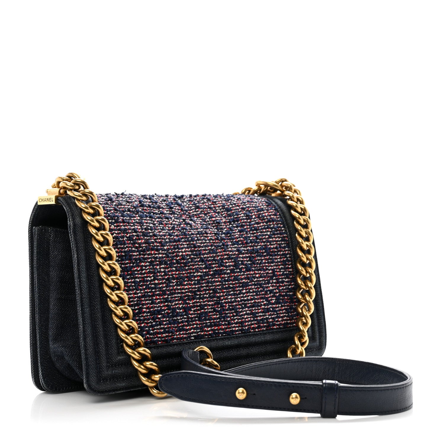 Chanel Tweed Denim Medium Boy Flap Navy Blue 3 of 10