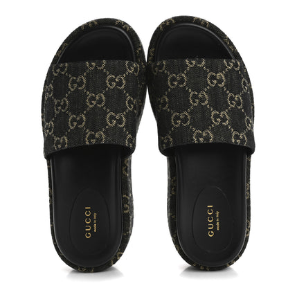 Gucci Jacquard Black Denim GG Monogram Angelina Platform 55mm Slide Sandals 36 Black Ivory 2 of 10