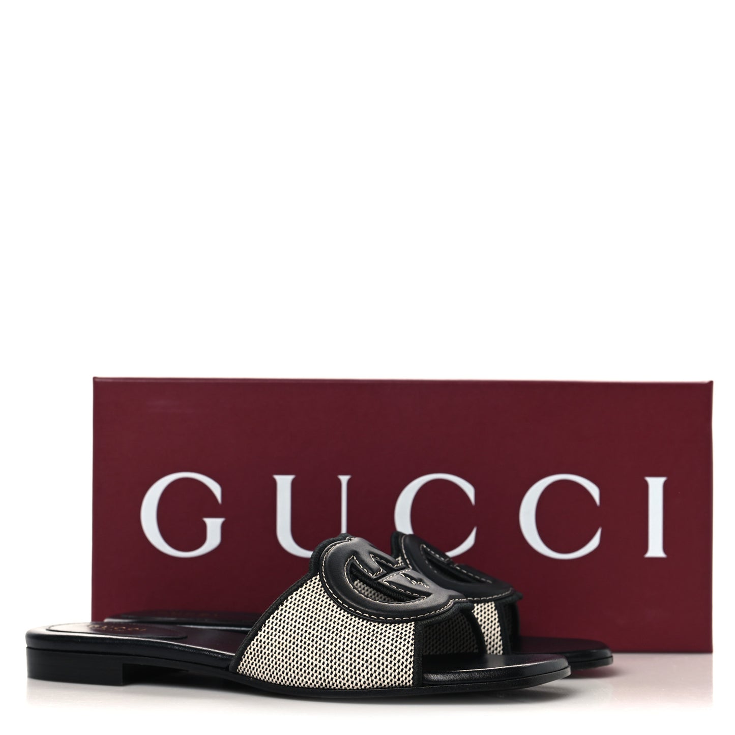 Canvas Rice Cosmos Softy Calfskin Interlocking G Cut Out Slide Sandals 37.5 Black Natural