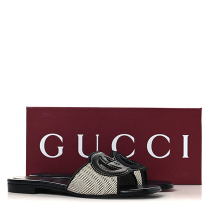 Gucci Canvas Rice Cosmos Softy Calfskin Interlocking G Cut Out Slide Sandals 37.5 Black Natural 9 of 9