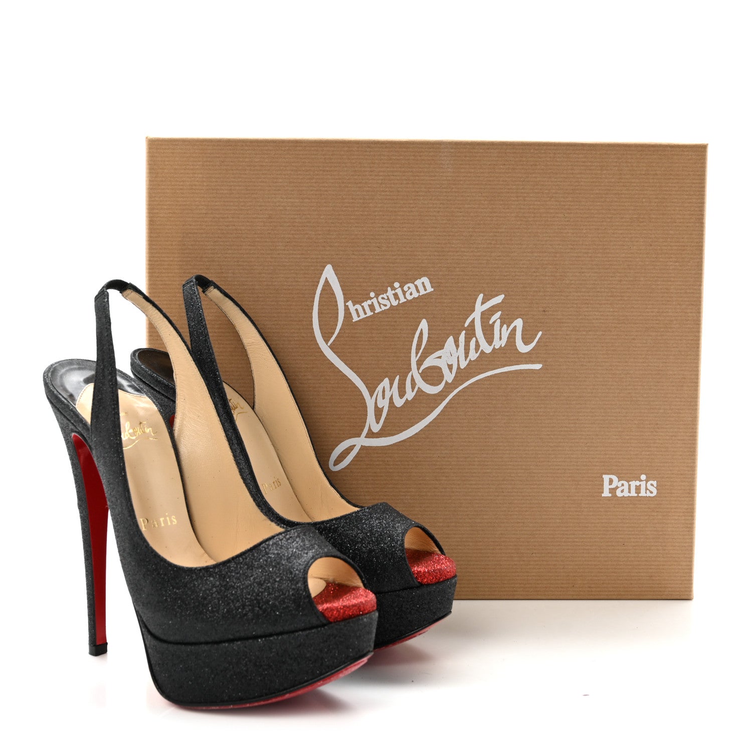 Christian Louboutin Glitter Lady Peep Sling 150 Pumps 35.5 Black Red 8 of 8