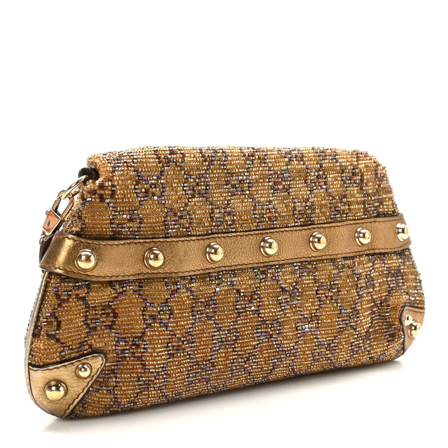 Gucci Monogram Beaded Metallic Calfskin Small Horsebit Chain Clutch Gold 3 of 9