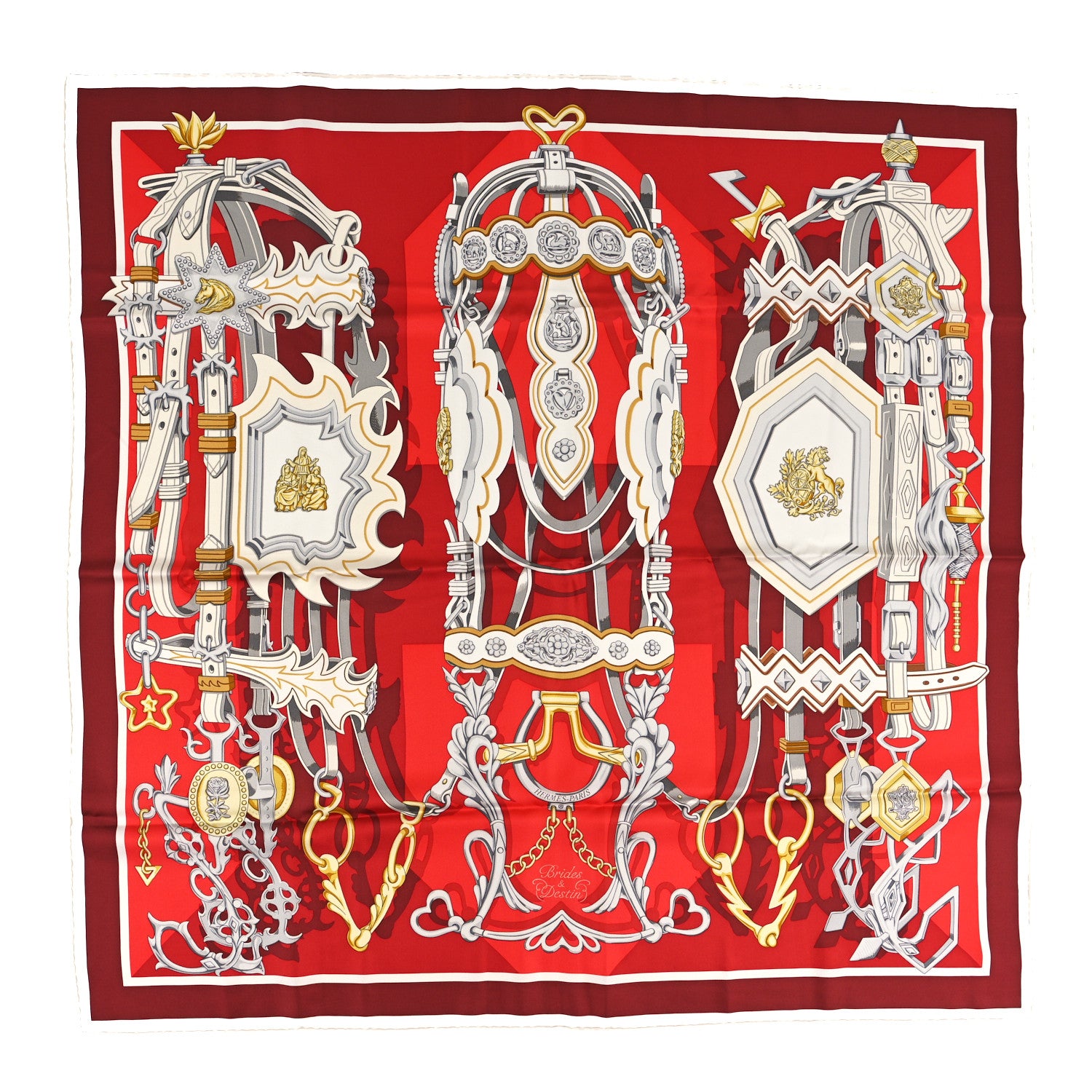Hermes Silk Brides Et Destin Scarf 90 Rouge Gris Argent White 1 of 3