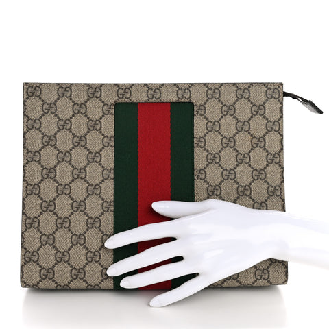 GG Supreme Monogram Selleria Calfskin Web New Web Cosmetic Case Beige Ebony Cocoa